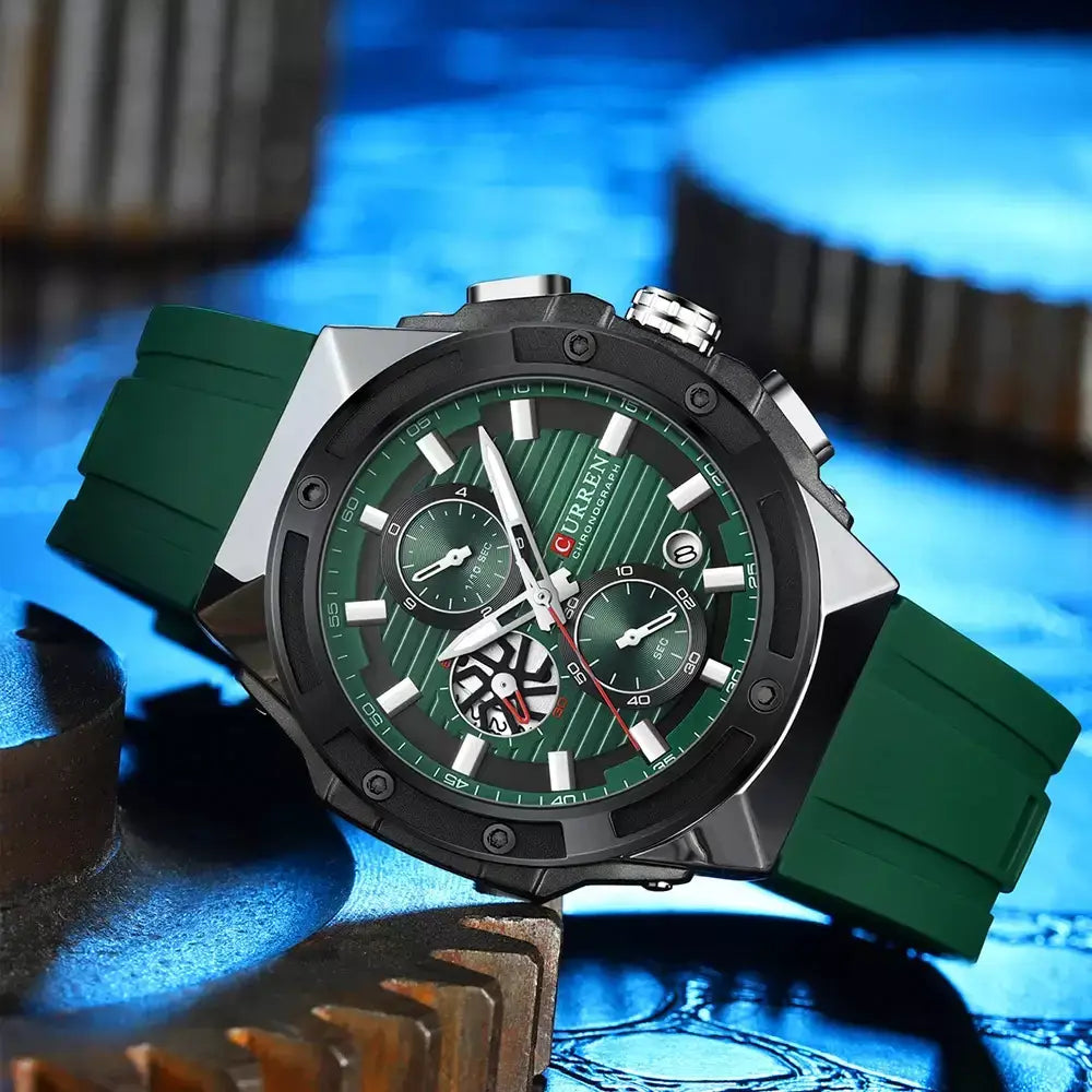 Green Vortex Men’s Watch with silver chronograph case and silicone strap
