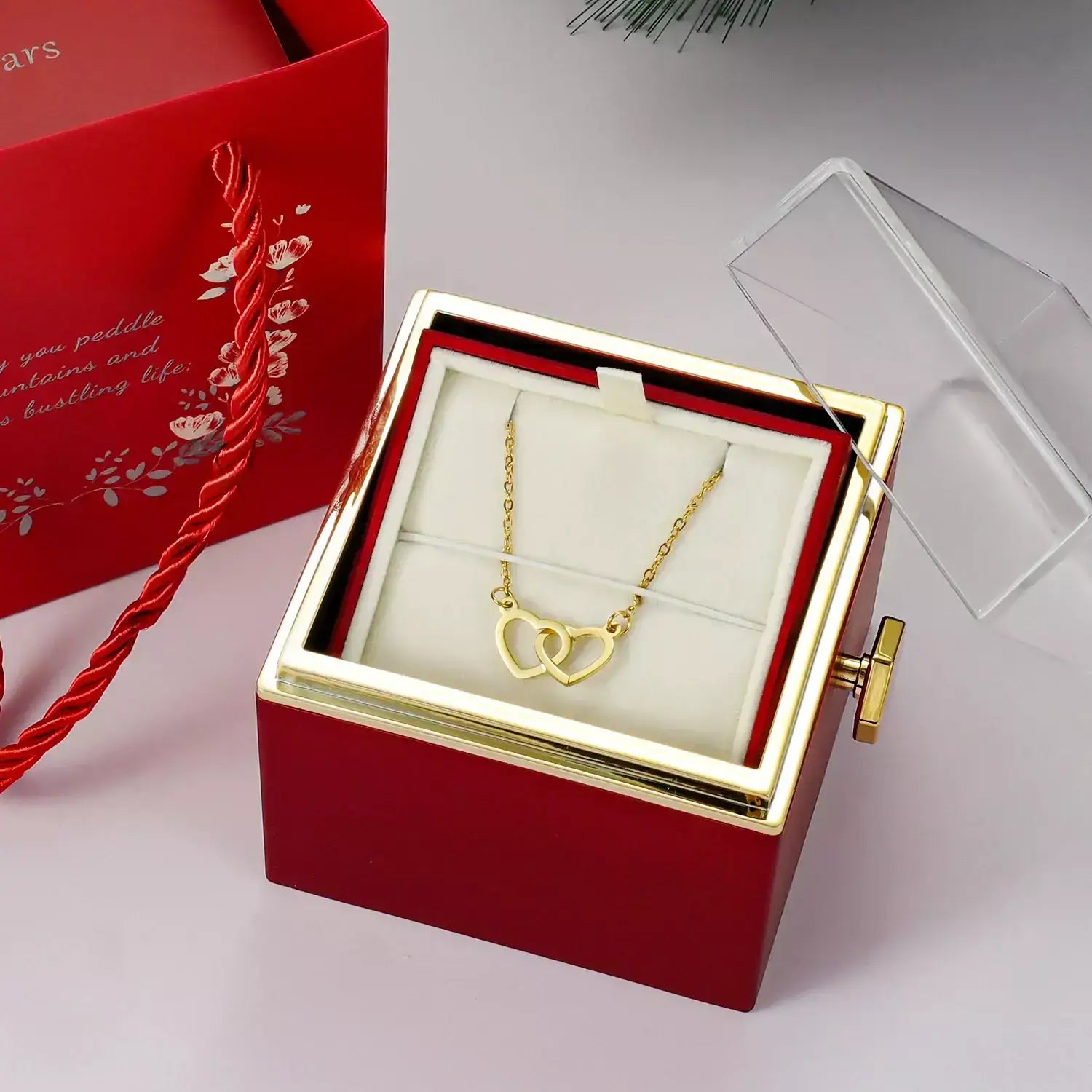 Double Hearts Necklace + Complimentary Rotating Rose Box,
unforgettable gift,
timeless gift for women,
silver necklace for women,
rose gold necklace for women,
romantic gift for her,
necklace with rose box,
meaningful jewellery,
high-quality women’s necklace,
gold necklace for women,
gift with rotating rose box,
elegant women’s necklace,
double hearts necklace,
delicate necklace for girlfriend