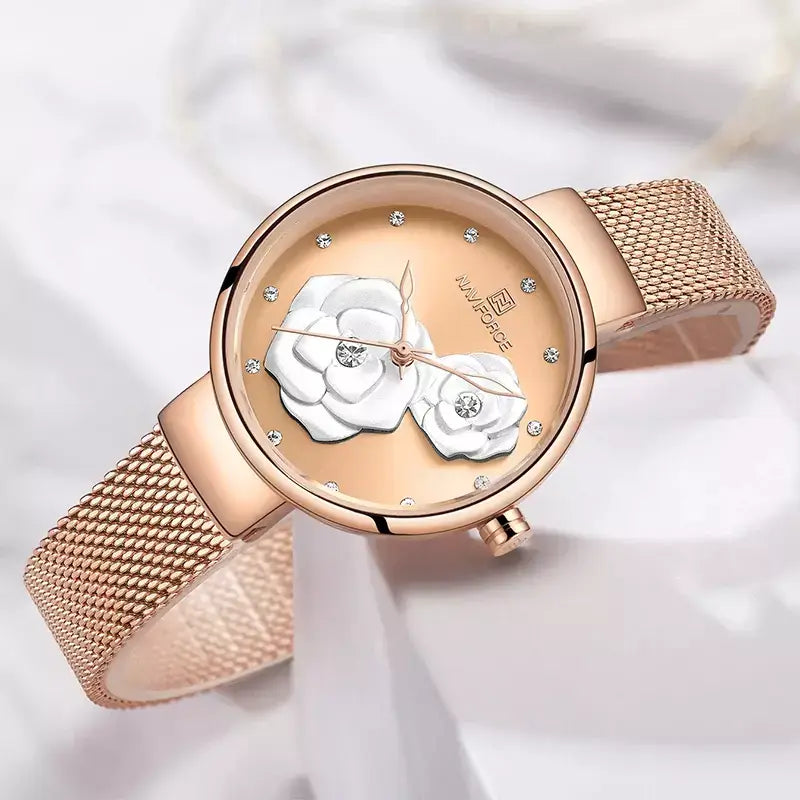 Bloom Elegance Women’s Watch,women’s luxury watch, elegant ladies wristwatch, stainless steel mesh women’s watch, quartz movement ladies watch, waterproof women’s wristwatch, fashion & casual ladies watch, floral design women’s watch, slim dial women’s watch, stylish watch for women UK, ladies gift wristwatch, everyday wear women’s watch, charming girl watch, sophisticated women’s timepiece, affordable luxury women’s watch, best ladies watch UK
