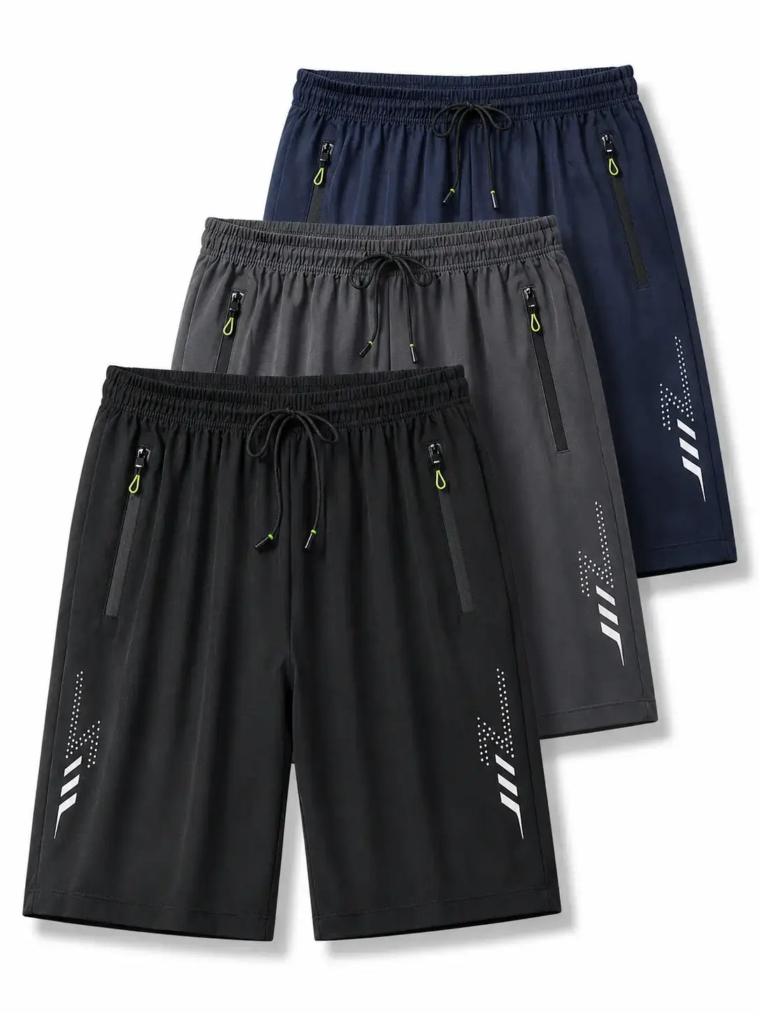 FlexDry men's quick-dry shorts in navy blue with drawstring waist and zip pockets