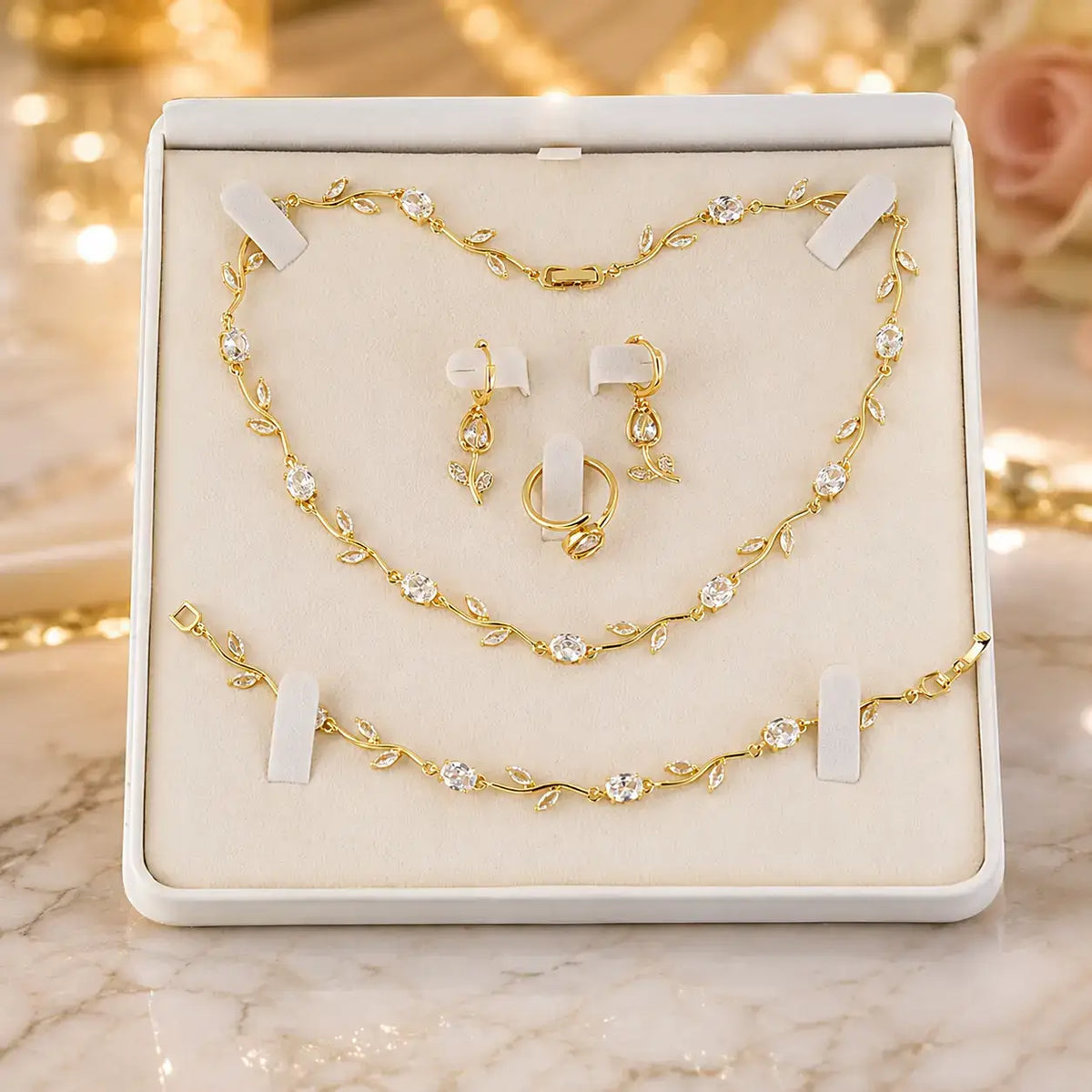 tulip jewellery set, jewellery gift for her, gift for women, luxury jewellery set, women's jewellery set, floral jewellery set, necklace bracelet earrings ring set, premium jewellery gift, elegant jewellery set, jewellery with gift box