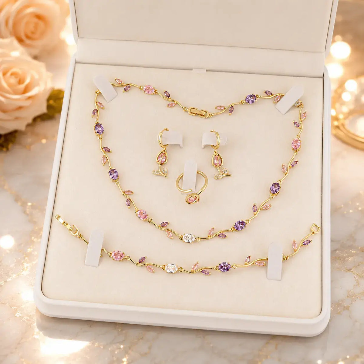 tulip jewellery set, jewellery gift for her, gift for women, luxury jewellery set, women's jewellery set, floral jewellery set, necklace bracelet earrings ring set, premium jewellery gift, elegant jewellery set, jewellery with gift box