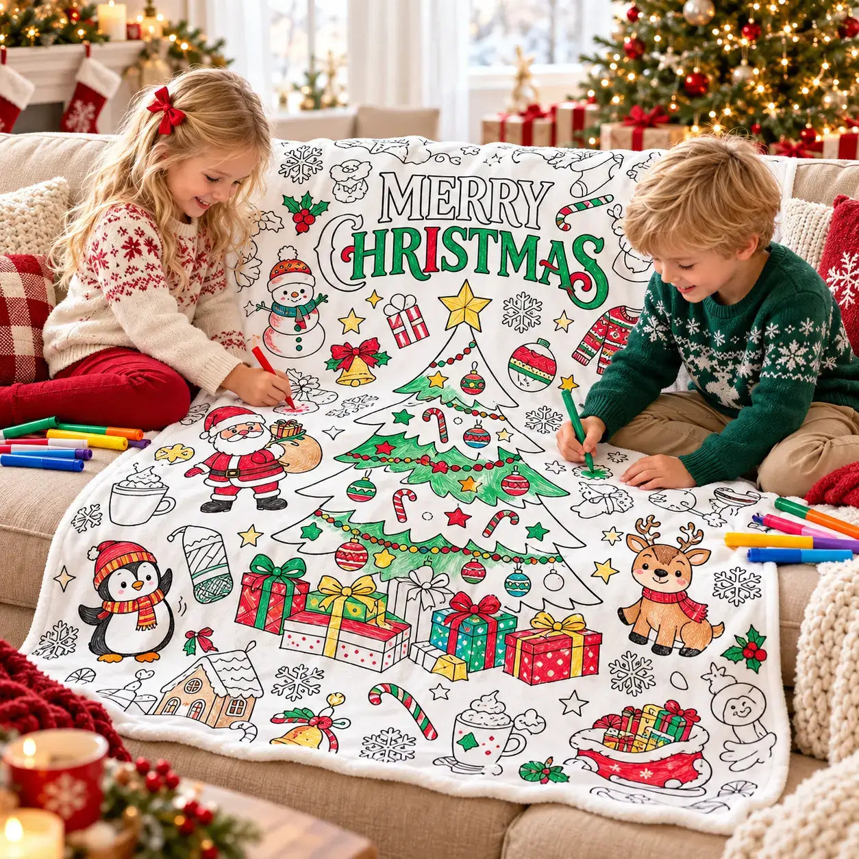 Cosy Canvas™ Christmas Colouring Blanket — 24 Fabric Pens Included