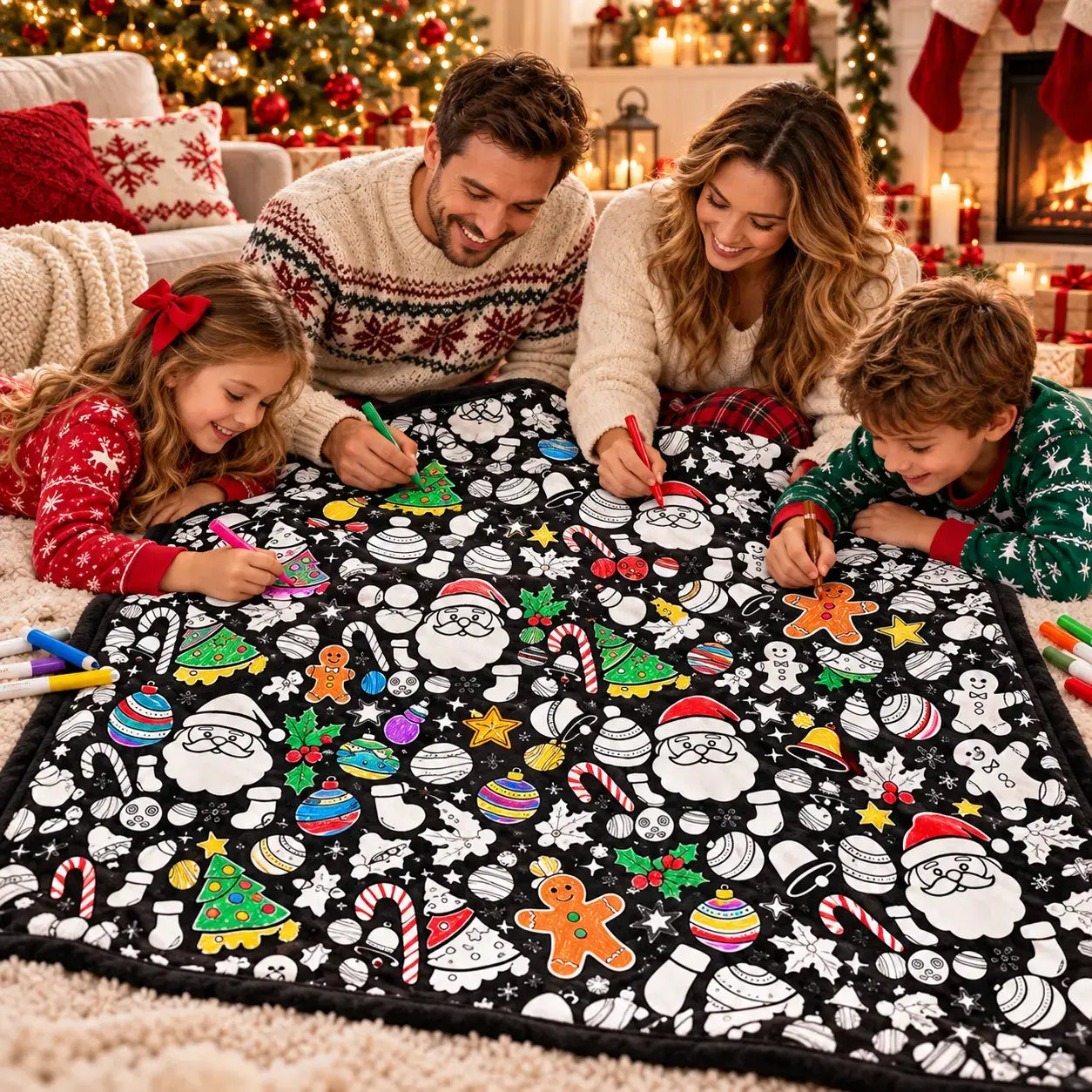 Family of four lying on the floor colouring the black Christmas blanket together, its white outline design filling with bright colour