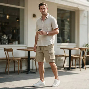 Man wearing white waffle cargo shorts with a casual summer outfit