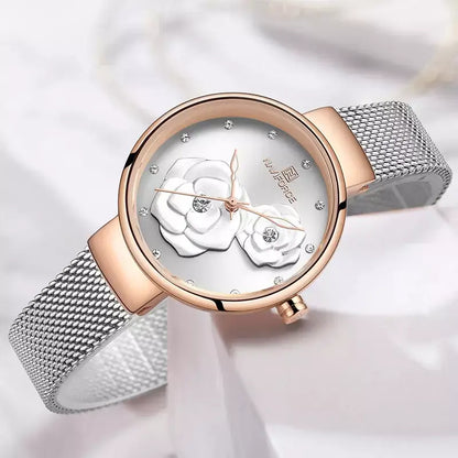 Bloom Elegance Women’s Watch,women’s luxury watch, elegant ladies wristwatch, stainless steel mesh women’s watch, quartz movement ladies watch, waterproof women’s wristwatch, fashion & casual ladies watch, floral design women’s watch, slim dial women’s watch, stylish watch for women UK, ladies gift wristwatch, everyday wear women’s watch, charming girl watch, sophisticated women’s timepiece, affordable luxury women’s watch, best ladies watch UK