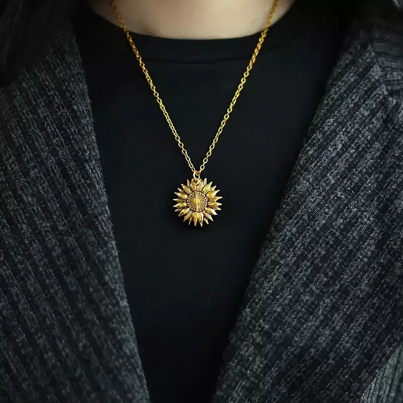 You Are My Sunshine – Sunflower Pendant Necklace,sunflower necklace, sunflower pendant, daisy chain necklace, floral pendant jewellery, friendship necklace, gift for best friend, meaningful necklace, engraved locket necklace, gift for her, sentimental gift for girlfriend, birthday gift for best friend, jewellery for loved ones, personalised necklace UK, heart necklace for her, boho necklace, bohemian jewellery, delicate pendant necklace, stainless steel necklace, everyday jewellery UK
