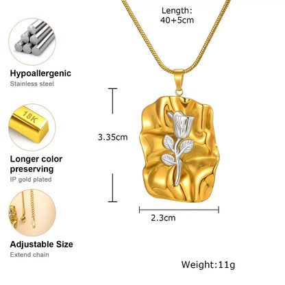 Square Rose Flower Pendant Necklace, Luxury Vintage Jewellery UK, Rose Flower Pendant Necklace, Stainless Steel Women’s Necklace, Silver and Gold Pendant Necklace, Elegant Vintage Necklace, Luxury jewellery gift UK, Rose pendant gift for her UK