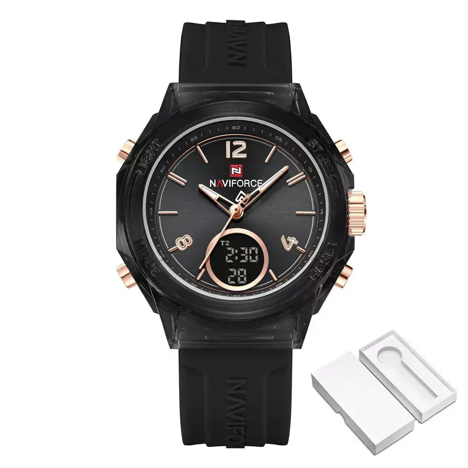 Elegance Dual Display Ladies’ Watch, ladies watch, women’s watches UK, dual display watch, analogue and digital watch, stylish ladies watch, elegant women’s watch, water resistant ladies watch, modern ladies quartz watch, silicone strap ladies watch