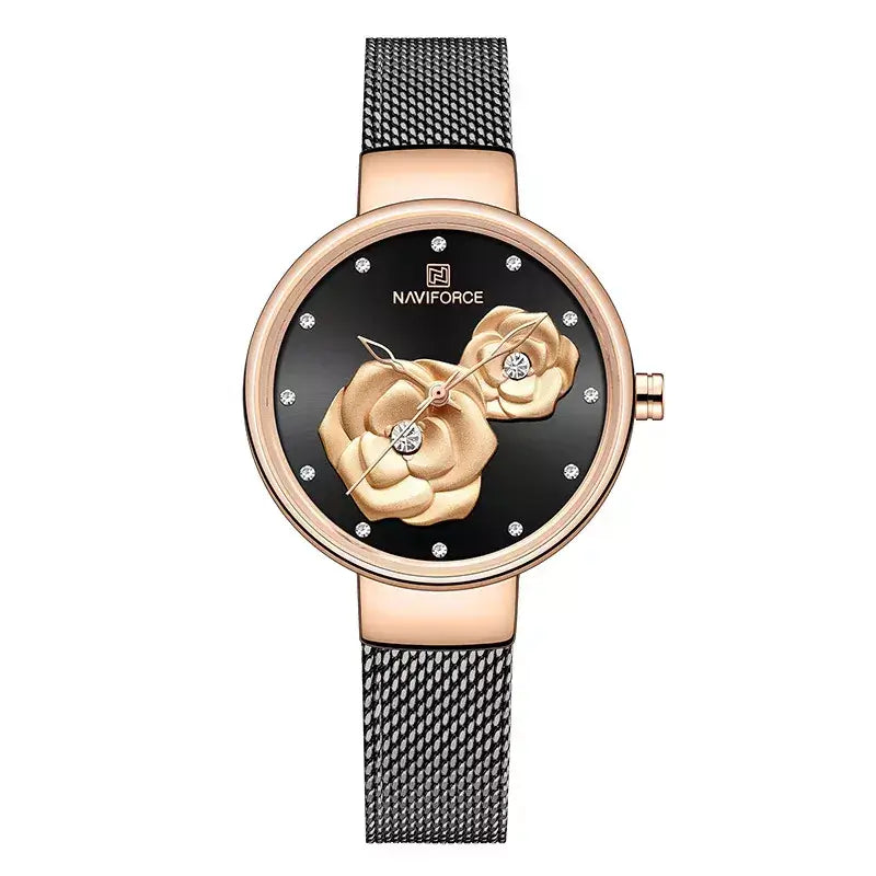 Bloom Elegance Women’s Watch,women’s luxury watch, elegant ladies wristwatch, stainless steel mesh women’s watch, quartz movement ladies watch, waterproof women’s wristwatch, fashion & casual ladies watch, floral design women’s watch, slim dial women’s watch, stylish watch for women UK, ladies gift wristwatch, everyday wear women’s watch, charming girl watch, sophisticated women’s timepiece, affordable luxury women’s watch, best ladies watch UK
