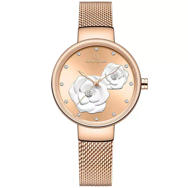 Bloom Elegance Women’s Watch,women’s luxury watch, elegant ladies wristwatch, stainless steel mesh women’s watch, quartz movement ladies watch, waterproof women’s wristwatch, fashion & casual ladies watch, floral design women’s watch, slim dial women’s watch, stylish watch for women UK, ladies gift wristwatch, everyday wear women’s watch, charming girl watch, sophisticated women’s timepiece, affordable luxury women’s watch, best ladies watch UK