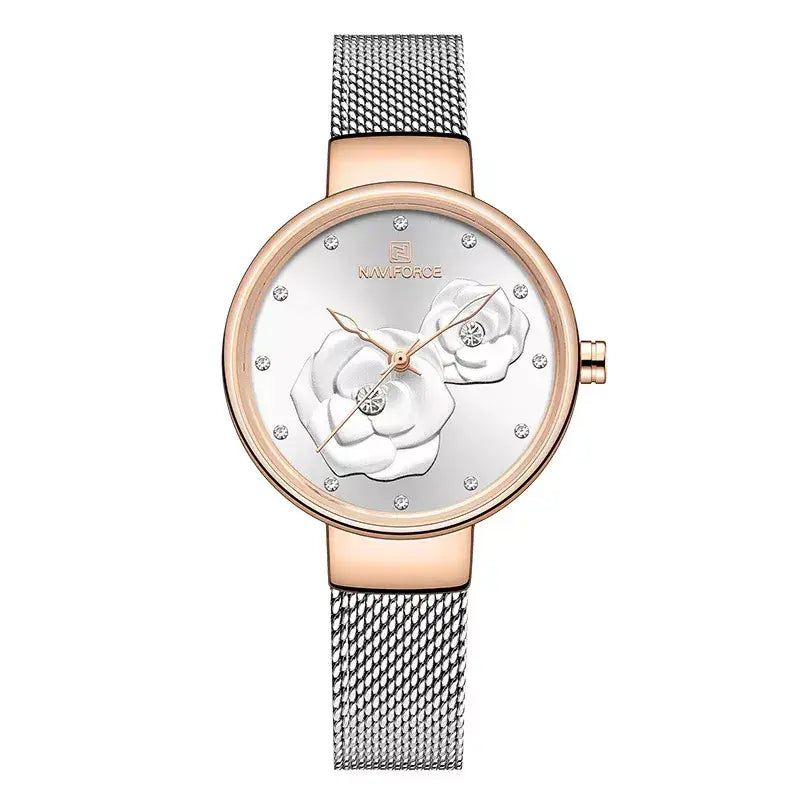Bloom Elegance Women’s Watch,women’s luxury watch, elegant ladies wristwatch, stainless steel mesh women’s watch, quartz movement ladies watch, waterproof women’s wristwatch, fashion & casual ladies watch, floral design women’s watch, slim dial women’s watch, stylish watch for women UK, ladies gift wristwatch, everyday wear women’s watch, charming girl watch, sophisticated women’s timepiece, affordable luxury women’s watch, best ladies watch UK