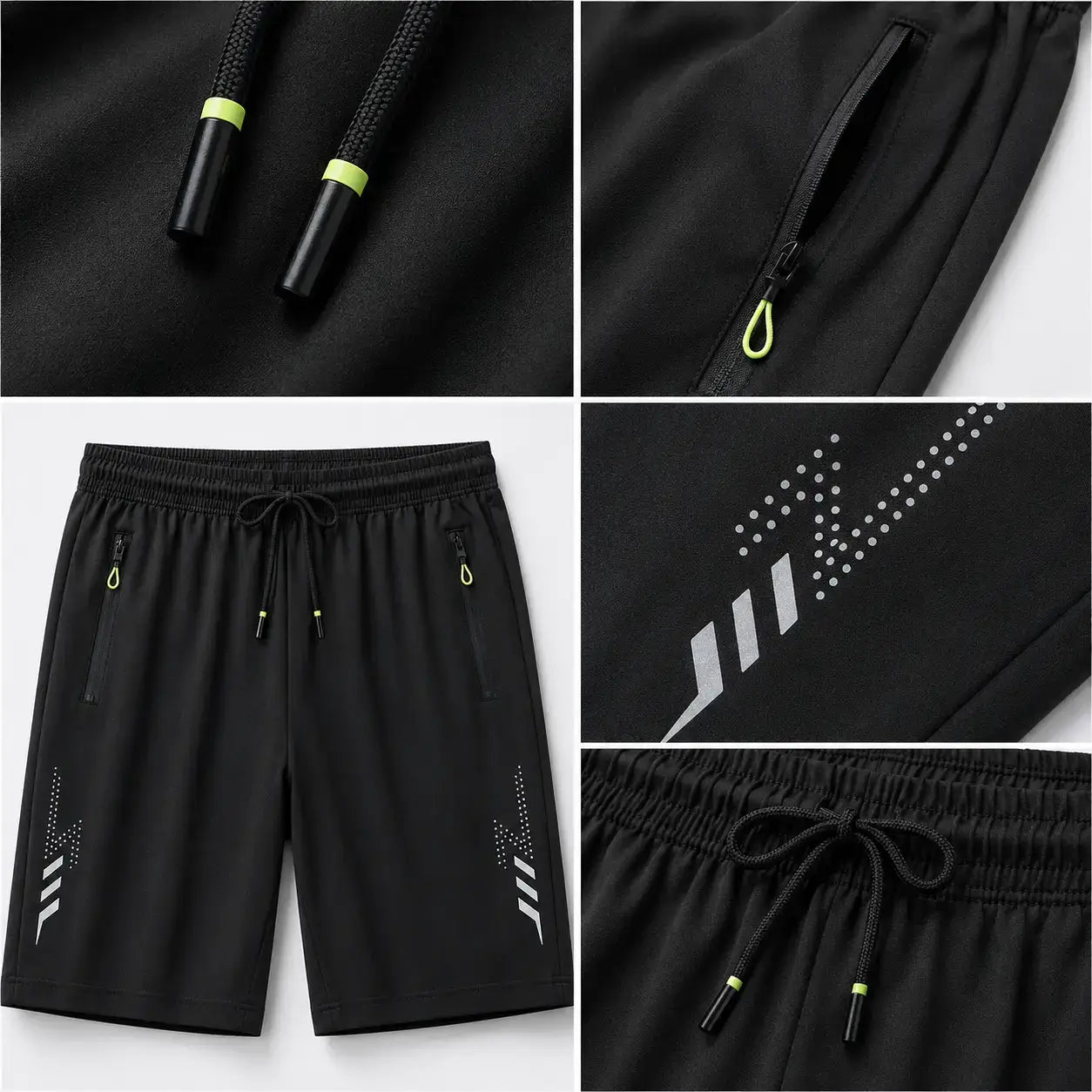FlexDry black training shorts with reflective stripe detail, close-up of quick-dry fabric
