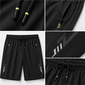 FlexDry black training shorts with reflective stripe detail, close-up of quick-dry fabric