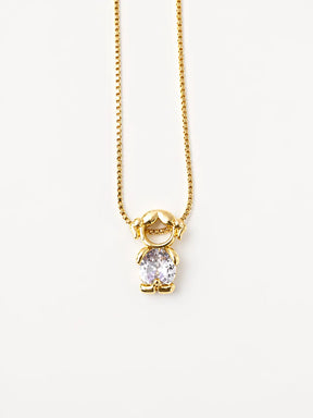 Gold-tone necklace with one girl figure pendant and a white stone