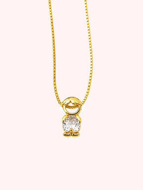 Gold-tone necklace with one boy figure pendant and a white stone
