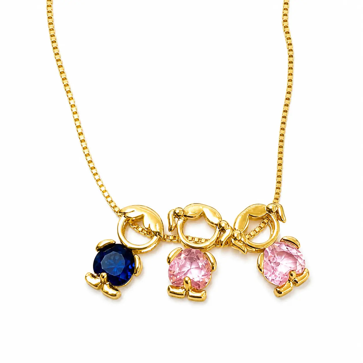 Gold-tone necklace with one boy figure in blue stone and two girl figures in pink stones