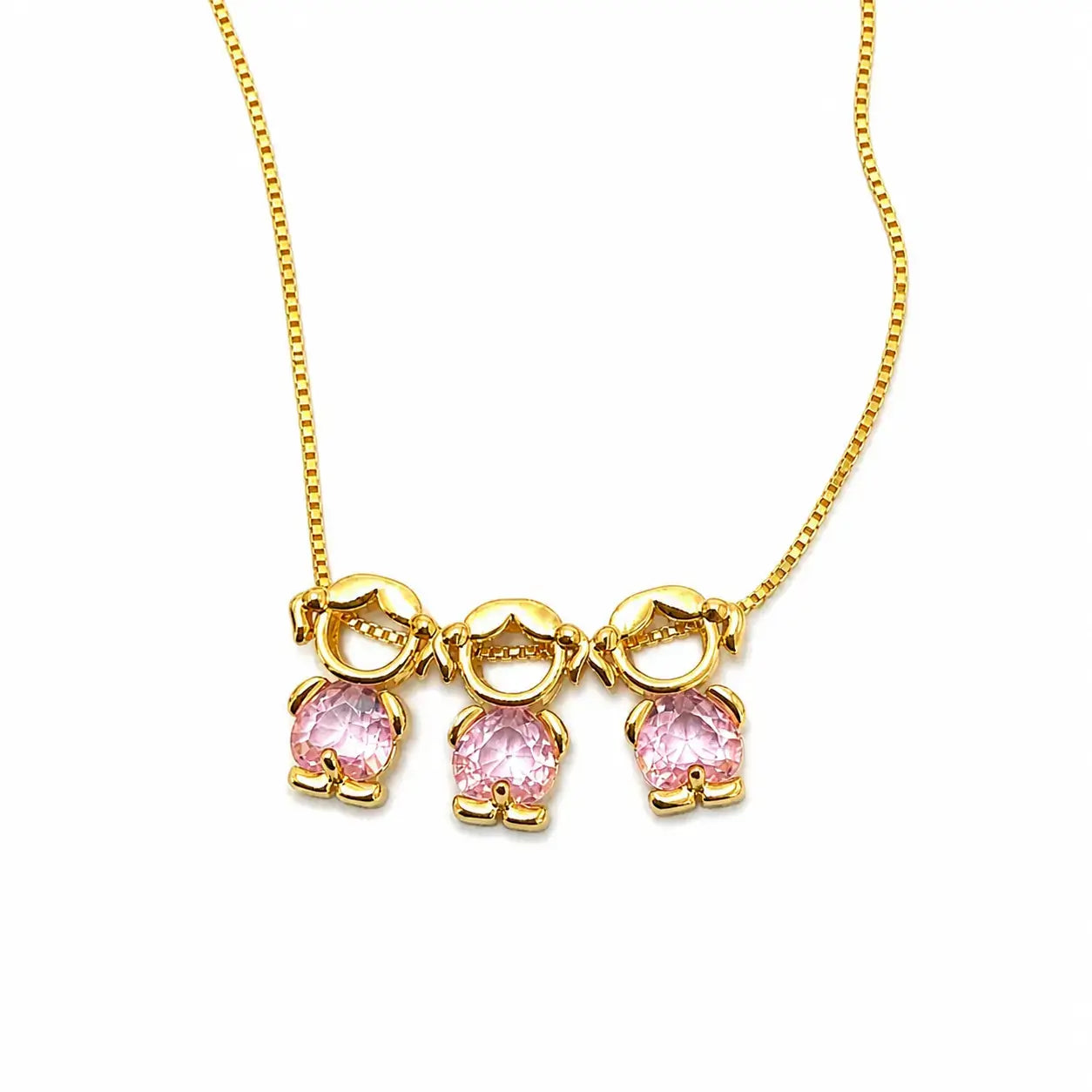 Gold-tone necklace with three girl figure pendants and pink stones
