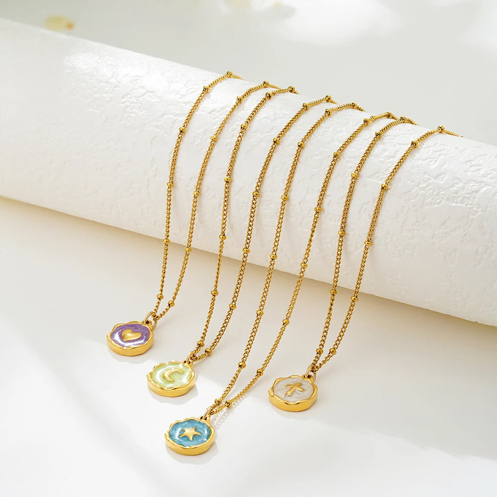 Gold-tone satellite bead chains with enamel charm pendants