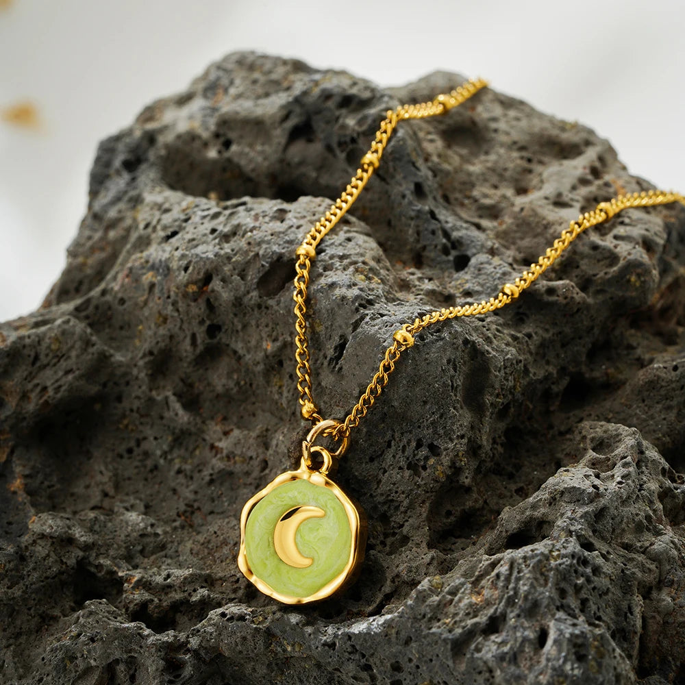 Celeste Talisman Necklace – Moon, Lime Green enamel on stone