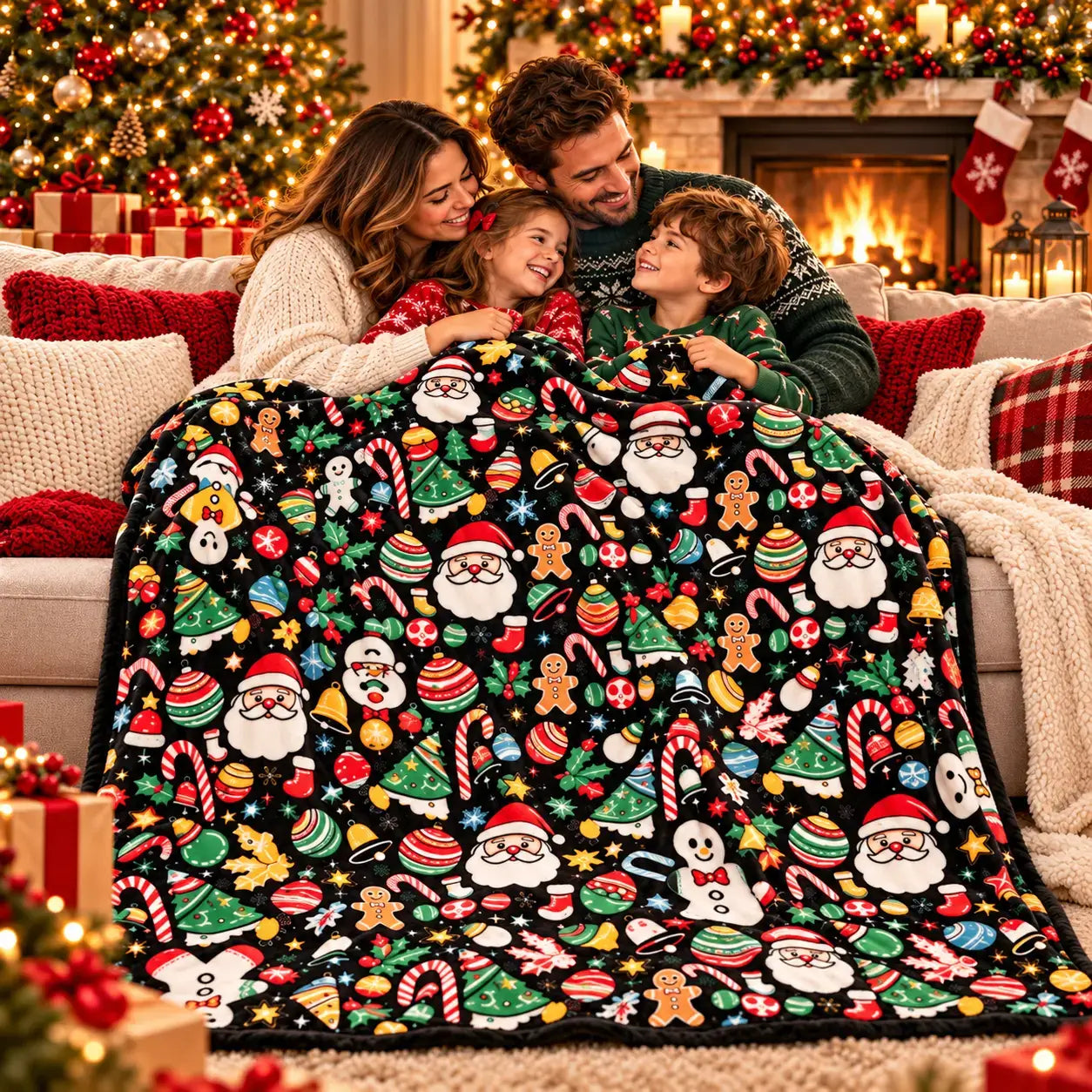 Family wrapped in the finished black Christmas colouring blanket on the sofa, the colours glowing against the dark fleece
