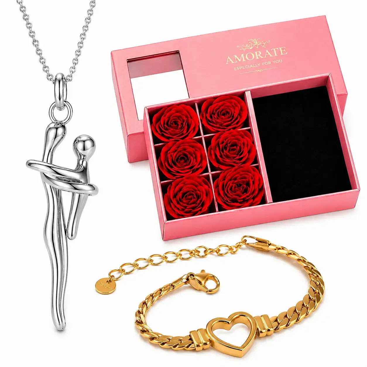 Silver mother and child embrace necklace with gold heart bracelet and pink Amorate rose gift box