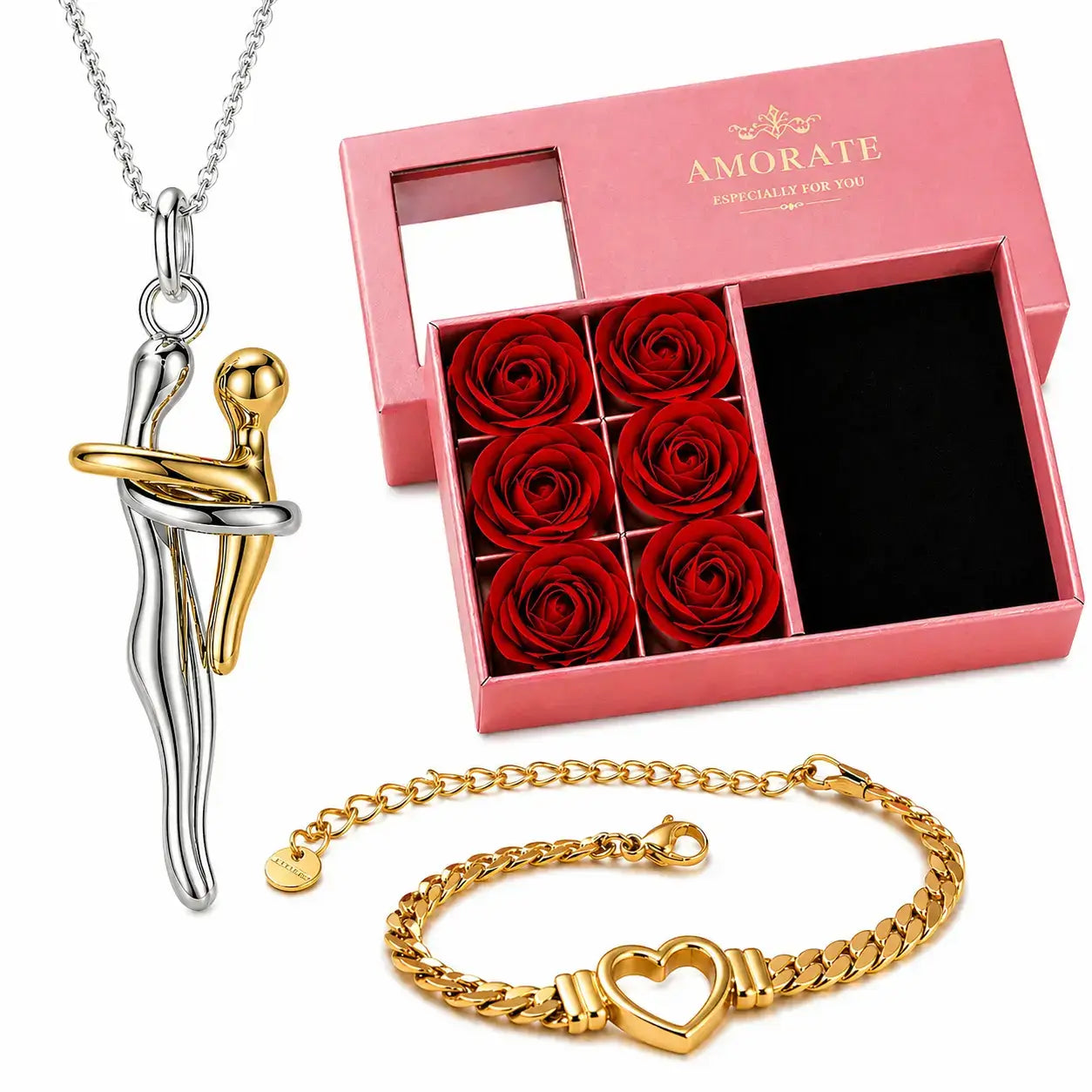 Two-tone mother and child embrace necklace with gold heart bracelet and pink Amorate rose gift box