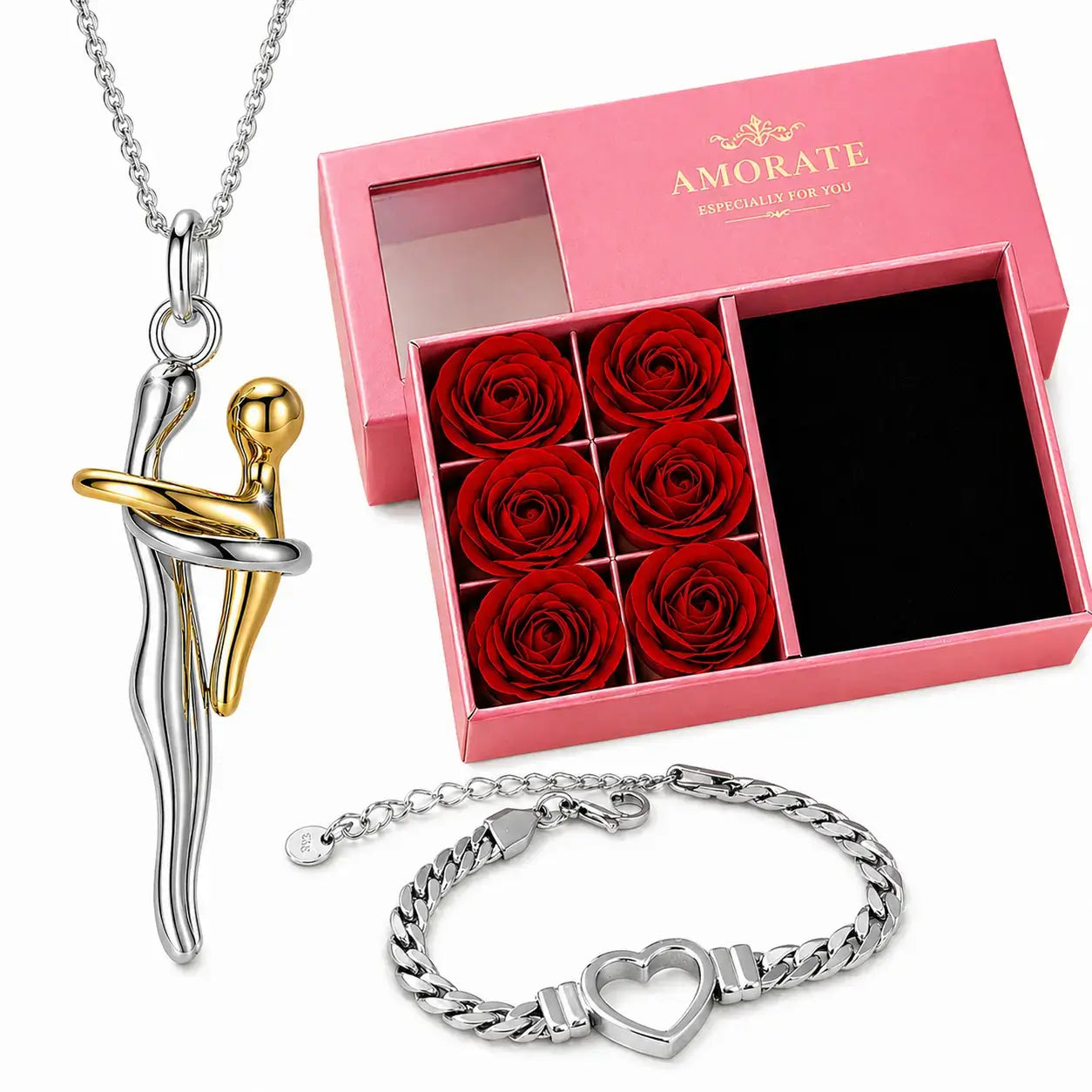 Two-tone mother and child embrace necklace with silver heart bracelet and pink Amorate rose gift box