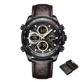 Raventon™ Men’s Military Watch with black and gold dial and brown leather strap